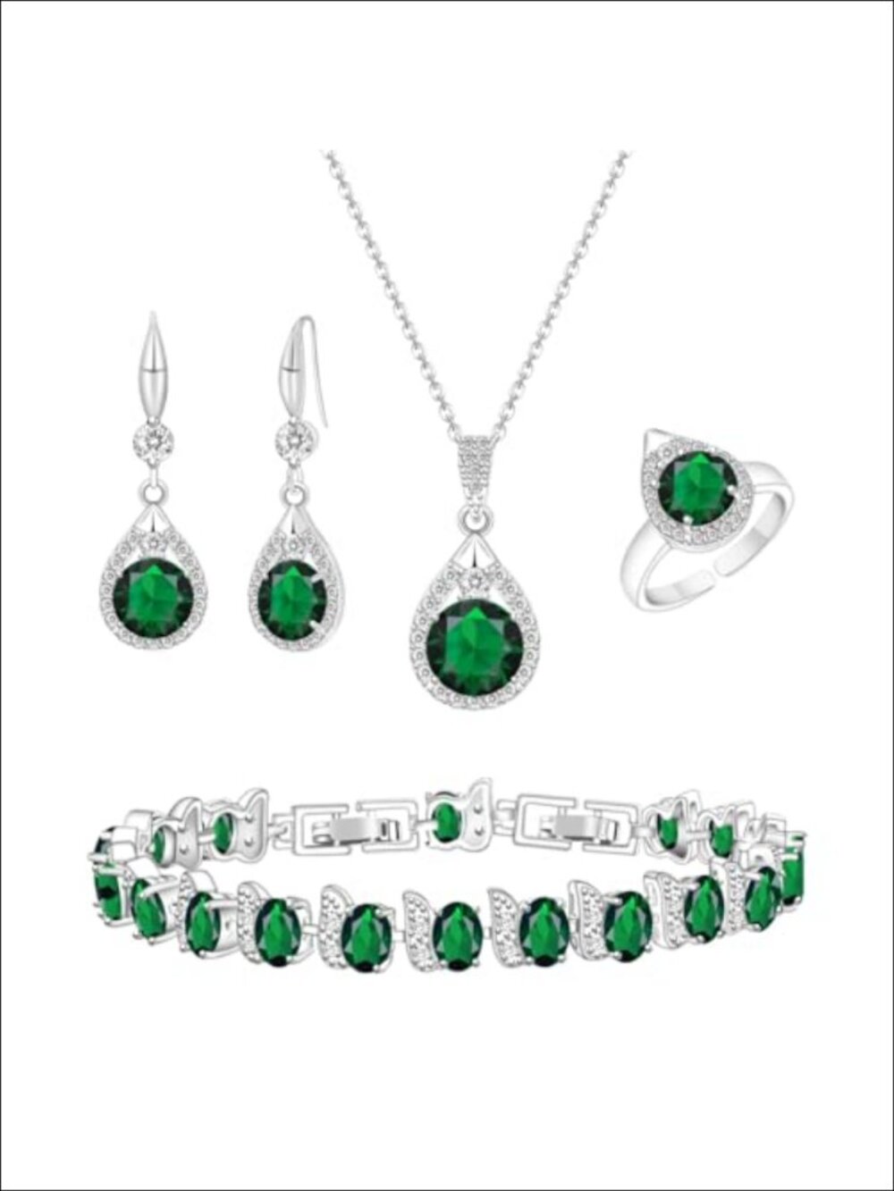 White Gold Plated Emerald CZ Jewelry Set Necklace Bracelet Ring Earrings